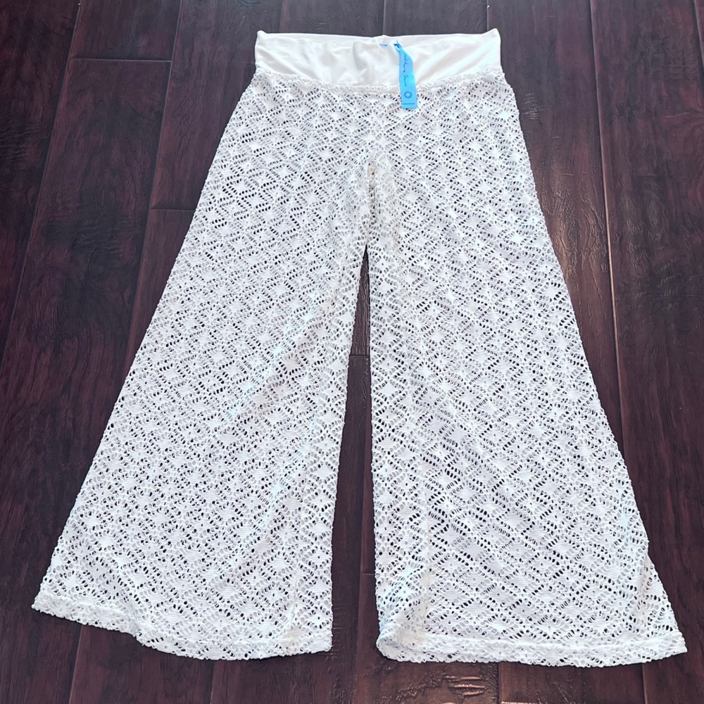 Solitaire Swim White Crochet Lace Wide Leg Beach Cover Up Pants Womens Medium
